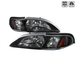 Spec-D Crystal Headlights w/ Amber Reflectors (Matte Black Housing/Clear Lens) Ford Mustang 1994-1998