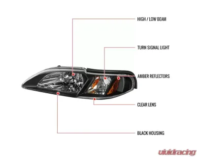 Spec-D Crystal Headlights w/ Amber Reflectors (Matte Black Housing/Clear Lens) Ford Mustang 1994-1998 - 2LCLH-MST94JM-TM