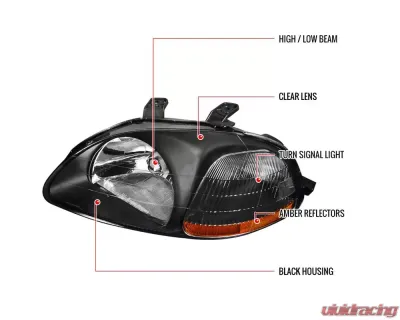 Spec-D Factory Style Crystal Headlights w/ Amber Reflectors (Matte Black Housing/Clear Lens) Honda Civic 1996-1998 - 2LH-CV96JM-RS