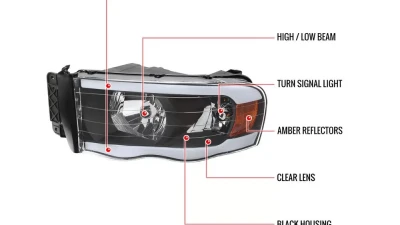 Spec-D LED Tube Factory Style Headlights (Matte Black Housing)/Clear Lens) Dodge Ram 2002-2005                                     - 2LH-DGP02JM-G3-GO - Image 9