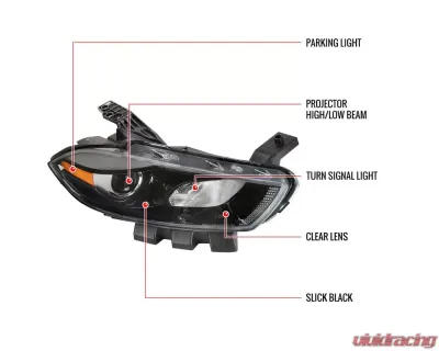 Spec-D Factory Style Headlights w/ Projector High/Low Beam - Passenger Side Only (Jet Black Housing/Clear Lens) Dodge Dart 2013-2016 - 2LH-DRT13JM-R-RS