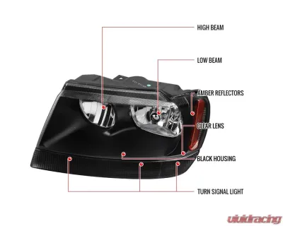 Spec-D Factory Style Crystal Headlights w/ Amber Reflectors (Matte Black Housing/Clear Lens) Jeep Grand Cherokee 1999-2004 - 2LH-GKEE99JM-ABM