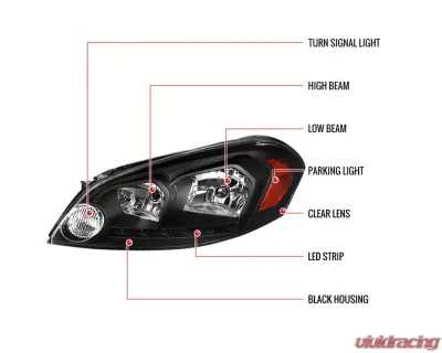 Spec-D Factory Style Crystal Headlights w/ SMD LED Light Strip (Matte Black Housing/Clear Lens) Chevrolet Impala | Monte Carlo 2006-2015 - 2LH-IPA06JM-V2-RS