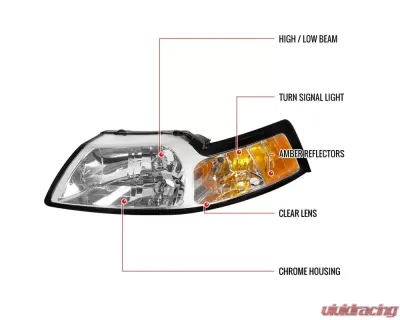 Spec-D Factory Style Crystal Headlights w/ Amber Reflectors (Chrome Housing/Clear Lens) Ford Mustang 1999-2004 - 2LH-MST99-RS