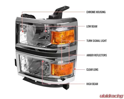 Spec-D Factory Style Headlights w/ Amber Reflectors (Chrome Housing/Clear Lens) Chevrolet Silverado 1500 2014-2015 - 2LH-SIV14-RS