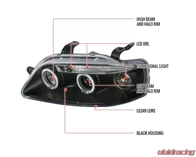 Spec-D Dual Halo Projector Headlights w/ LED Light Strip (Matte Black Housing/Clear Lens) Chevrolet Aveo 2004-2008 - 2LHP-AVE045JM-TM