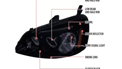 Spec-D Dual Halo Projector Headlights (Glossy Black Housing/Smoked Lens) Honda Civic 2001-2003                                     - 2LHP-CV01G-TM - Image 8