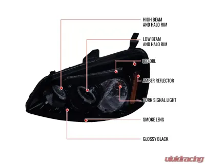 Spec-D Dual Halo Projector Headlights (Glossy Black Housing/Smoked Lens) Honda Civic 2001-2003 - 2LHP-CV01G-TM