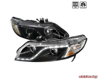 Spec-D Projector Headlights w/ R8 Style LED Light Strip (Matte Black Housing/Clear Lens) Honda Civic 2006-2011 - 2LHP-CV064JM-8-RS