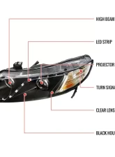 Spec-D Projector Headlights w/ R8 Style LED Light Strip (Matte Black Housing/Clear Lens) Honda Civic 2006-2011                                     - 2LHP-CV064JM-8-RS - Image 9