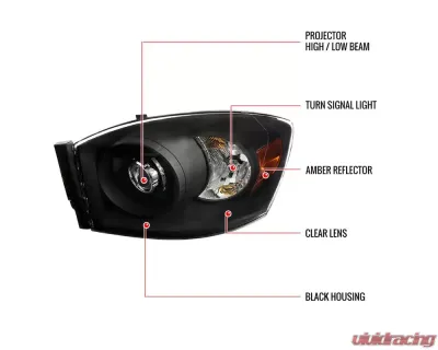 Spec-D Retro Style Projector Headlights (Matte Black Housing/Clear Lens) Dodge Ram 2006-2009 - 2LHP-DGP06JM-RS