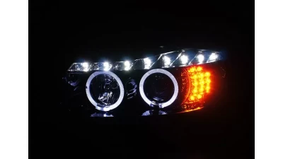 Spec-D Dual Halo Projector Headlights w/ LED Light Strip & LED Turn Signal Lights (Glossy Black/Smoked Lens) BMW E90 | E91 3-Series 2006-2008                                     - 2LHP-E9005G-8V2-TM - Image 2