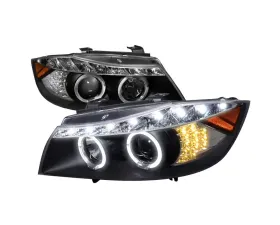 Spec-D Dual Halo Projector Headlights w/ LED Light Strip & Turn Signal Lights (Matte Black Housing/Clear Lens) BMW E90 2006-2008