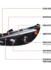 Spec-D Projector Headlights w/ LED Sequential Turn Signal Lights (Jet Black Housing/Clear Lens) Ford Focus 2015-2018                                     - 2LHP-FOC15BK-SQ-TM - Image 9