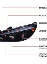 Spec-D Projector Headlights w/ LED Sequential Turn Signal Lights (Glossy Black Housing/Smoke Lens) Ford Focus 2015-2018                                     - 2LHP-FOC15G-SQ-TM - Image 9