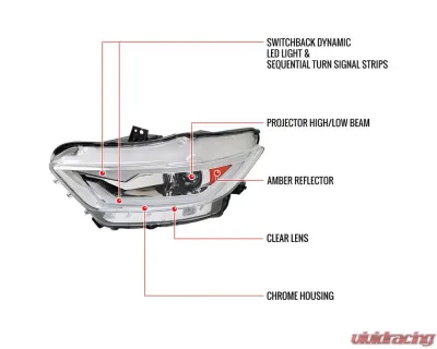 Spec-D LED Turn Signal Projector Headlights (Chrome Housing/Clear Lens) Ford Mustang | Shelby 2015-2020 - 2LHP-MST15-SQ-RS