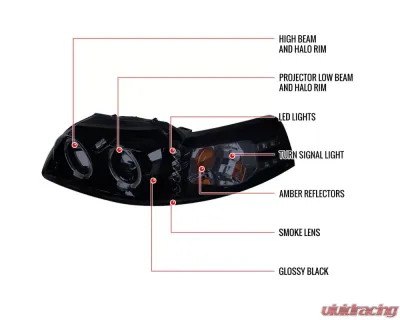 Spec-D Dual Halo Projector Headlights (Glossy Black Housing/Smoke Lens) Ford Mustang 1999-2004 - 2LHP-MST99G-TM