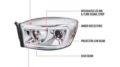 Spec-D Switchback LED C-Bar Projector Headlights (Chrome Housing/Clear Lens) Dodge Ram 2006-2009                                     - 2LHP-RAM06-G2-TM - Image 9