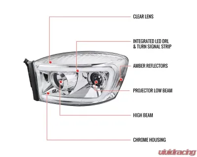 Spec-D Switchback LED C-Bar Projector Headlights (Chrome Housing/Clear Lens) Dodge Ram 2006-2009 - 2LHP-RAM06-G2-TM