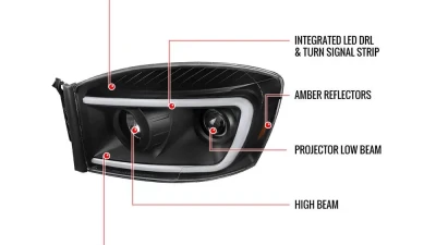 Spec-D Switchback LED C-Bar Projector Headlights (Matte Black Housing/Clear Lens) Dodge Ram 2006-2009                                     - 2LHP-RAM06JM-G2-TM - Image 9