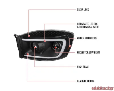 Spec-D Switchback LED C-Bar Projector Headlights (Matte Black Housing/Clear Lens) Dodge Ram 2006-2009 - 2LHP-RAM06JM-G2-TM