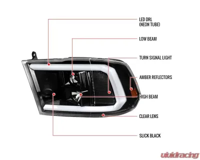 Spec-D LED C-Bar Projector Headlights (Jet Black Housing/Clear Lens) Ram 1500 | 2500 | 3500 2009-2024 - 2LHP-RAM09BK-G2-TM