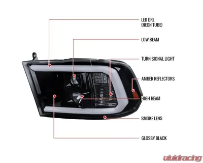 Spec-D LED C-Bar Projector Headlights (Glossy Black Housing/Smoked Lens) Ram 1500 | 2500 | 3500 2009-2024 - 2LHP-RAM09G-G2-TM
