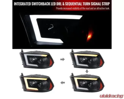 Spec-D Switchback Sequential LED C-Bar Projector Headlights (Matte Black Housing/Clear Lens) Ram 1500 | 2500 | 3500 2009-2024 - 2LHP-RAM09JM-SQ-RS