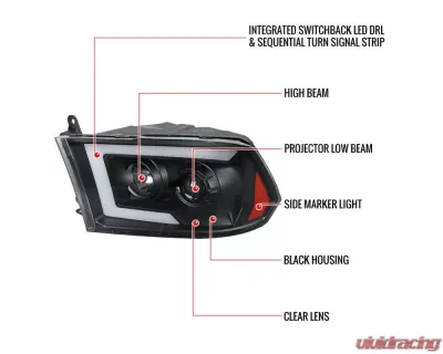Spec-D Switchback Sequential LED C-Bar Projector Headlights (Matte Black Housing/Clear Lens) Ram 1500 | 2500 | 3500 2009-2024 - 2LHP-RAM09JM-SQ-RS