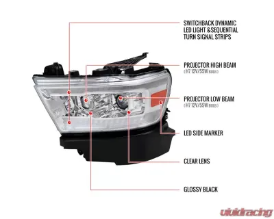 Spec-D Switchback Sequential LED Turn Signal Projector Headlights (Chrome Housing/Clear Lens) Dodge Ram 1500 2019-2024 - 2LHP-RAM1915-SQ-RS