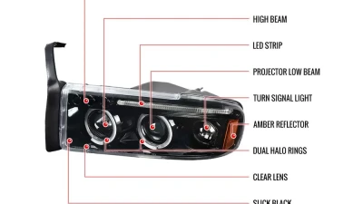 Spec-D Dual Halo Projector Headlights (Jet Black Housing/Clear Lens) Dodge Ram 1994-2001                                     - 2LHP-RAM94BK-TM - Image 10