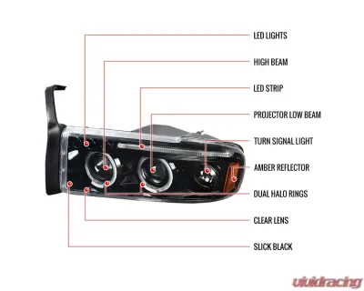 Spec-D Dual Halo Projector Headlights (Jet Black Housing/Clear Lens) Dodge Ram 1994-2001 - 2LHP-RAM94BK-TM