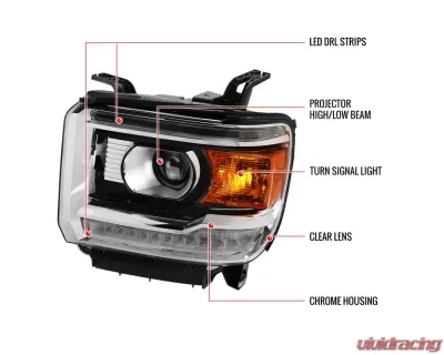 Spec-D LED Light Strip Projector Headlights (Chrome Housing/Clear Lens) GMC Sierra 2014-2019 - 2LHP-SIE14-DRL-GO