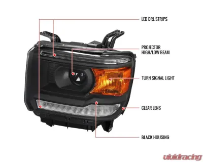 Spec-D LED Light Strip Projector Headlights (Matte Black Housing/Clear Lens) GMC Sierra 2014-2019 - 2LHP-SIE14JM-DRL-GO