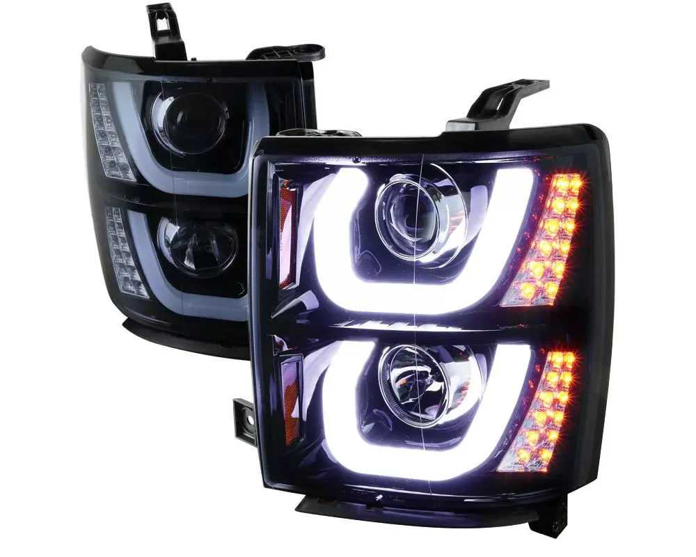 Spec-D LED U-Bar Projector Headlights w/ LED Turn Signal Lights (Glossy Black Housing/Smoke Lens) Silverado 1500 2014-2015 - 2LHP-SIV14G-TM