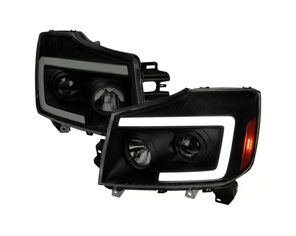 Spec-D Projector Headlights w/ LED C- Bar & Switchback Sequential Turn Signal Lights (Black Housing/Smoke Lens) Nissan Titan | Armada 2004-2015 - 2LHP-TIT04SM-SQ-RS