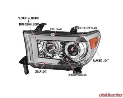 Spec-D Switchback Sequential LED C-Bar Projector Headlights (Chrome Housing/Clear Lens) Toyota Tundra | Sequoia 2007-2017 - 2LHP-TUN07-SQ-RS