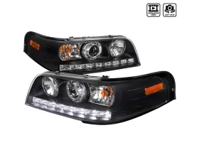 Spec-D Projector Headlights w/ LED Light Strips (Matte Black Housing/Clear Lens) Ford Crown Victoria 1998-2011