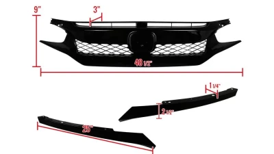 Spec-D TR Style Glossy Black ABS Mesh Grille w/ Eyebrows Honda Civic 2016-2018                                     - HG-CV16A-BN - Image 2