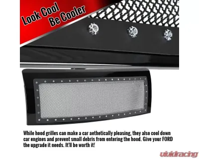 Spec-D Glossy Black ABS Rivet Style Grille w/ Stainless Steel Mesh Ford F-150 2009-2014 - HG-F15009JMSS-HJ