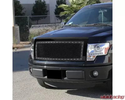 Spec-D Glossy Black ABS Rivet Style Grille w/ Stainless Steel Mesh Ford F-150 2009-2014 - HG-F15009JMSS-HJ
