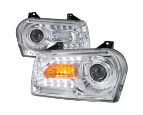 Spec-D Projector Headlights w/ LED Light Strip & Turn Signal Lights (Chrome Housing/Clear Lens) Chrysler 300 2005-2010