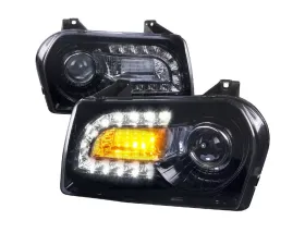 Spec-D Projector Headlights w/ Bright White LED Light Strip & Turn Signal Lights (Glossy Black Housing/Smoke Lens) Chrysler 300 2005-2010