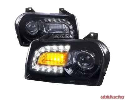 Spec-D Projector Headlights w/ Bright White LED Light Strip & Turn Signal Lights (Glossy Black Housing/Smoke Lens) Chrysler 300 2005-2010 - LHP-30005G-V2-TM
