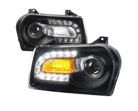 Spec-D Projector Headlights w/ LED Light Strip & Turn Signal Lights (Matte Black Housing/Clear Lens) Chrysler 300 2005-2010