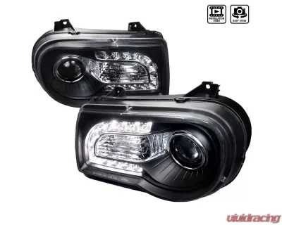 Spec-D Projector Headlights w/ LED Light Strips (Matte Black Housing/Clear Lens) Chrysler 300 2005-2010 - LHP-300C05JM-TM