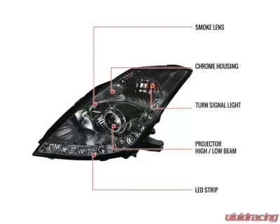 Spec-D SMD LED Light Strip Projector Headlights (Chrome Housing/Smoked Lens) Nissan 350Z 2006-2009 - LHP-350Z06G-RS