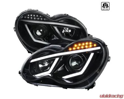Spec-D LED Bar Projector Headlights w/ LED Turn Signal Lights (Jet Black Housing/Clear Lens) Mercedes-Benz W203 C-Class 2001-2007 - LHP-BW20301BK-TM