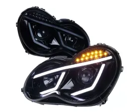 Spec-D Projector Headlights w/ LED Bar & Turn Signal Lights (Glossy Black Housing/Smoke Lens) Mercedes Benz W203 2001-2007