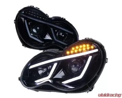 Spec-D Projector Headlights w/ LED Bar & Turn Signal Lights (Glossy Black Housing/Smoke Lens) Mercedes Benz W203 2001-2007 - LHP-BW20301G-TM